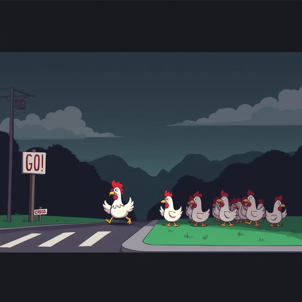 Gallina cruzando la carretera con grupo animado de apoyo y carteles GO
